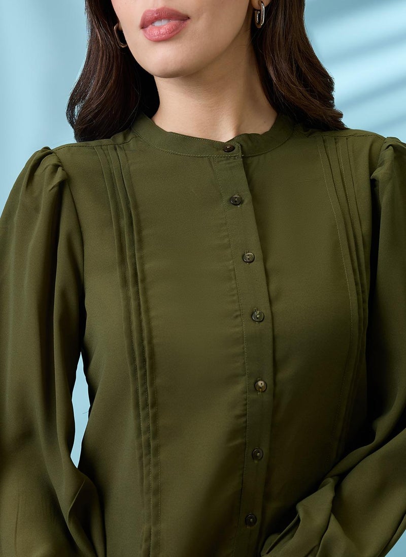 Globus Women Green Pleated Mandarin Collar Cuffed Sleeves Workwear Shirt - Image 5